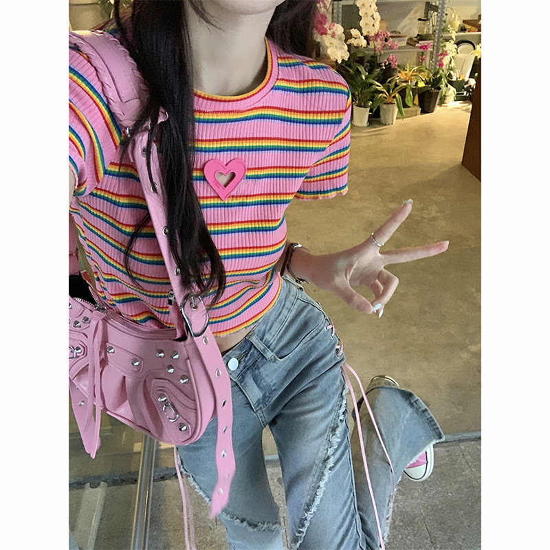 Real price official picture yarn-dyed pink stripe love short-sleeved t-shirt women's summer design sense slim-fit short top