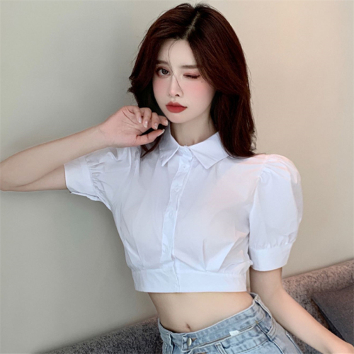 Shirt women's summer design sense niche short-sleeved bottoming shirt puff sleeves short shirt white short top women