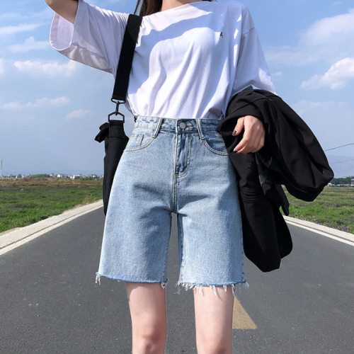 Raw edge denim shorts women's summer loose a-line wide-leg pants ripped straight five-point pants high waist slimming five-point pants