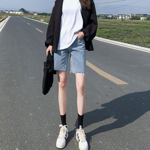 Raw edge denim shorts women's summer loose a-line wide-leg pants ripped straight five-point pants high waist slimming five-point pants