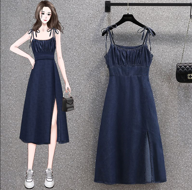 Real shot summer new large size French slit denim dress fat mm slim suspender skirt M-4XL200 catties
