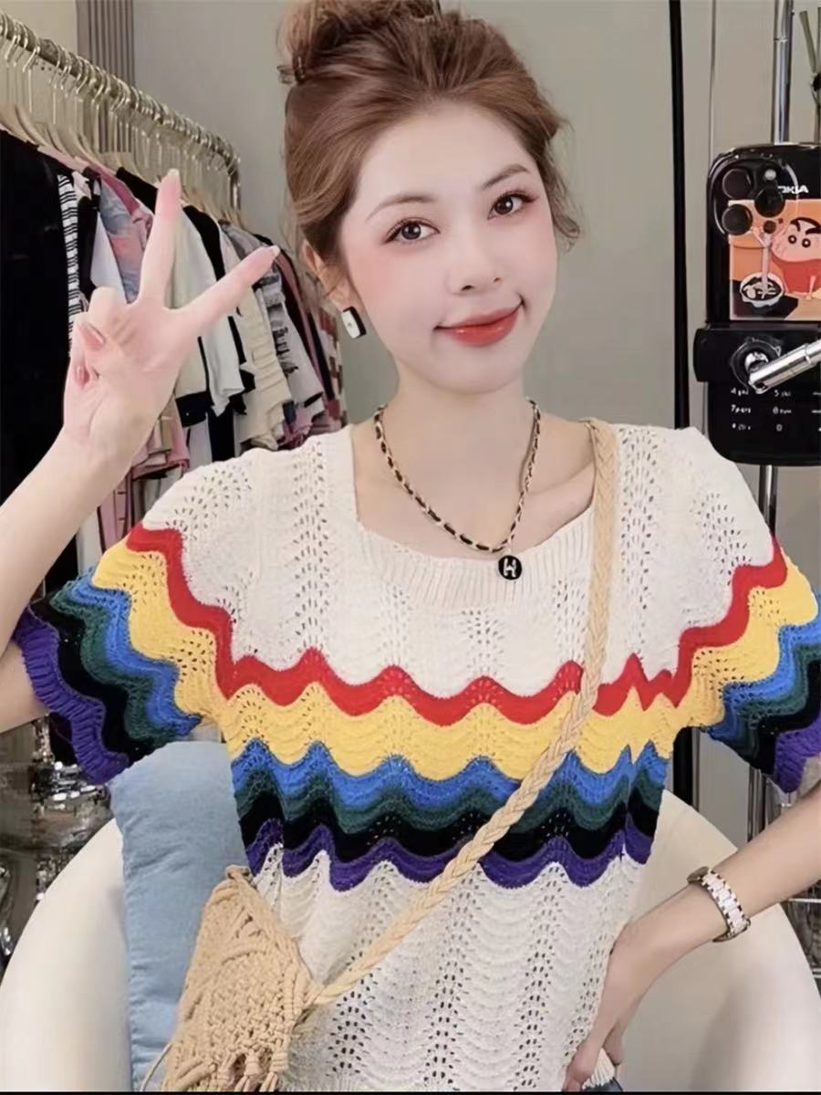 Korean version of the rainbow striped hollow silk knitted women's outerwear design sense niche hot girl French chic top
