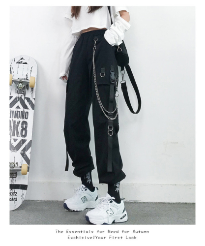 Beamed overalls women look thin high waist autumn handsome black trousers women loose straight Korean style trend send chain