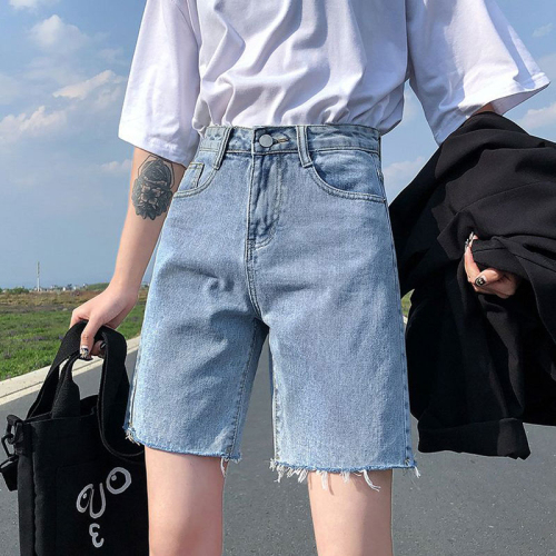 Raw edge denim shorts women's summer loose a-line wide-leg pants ripped straight five-point pants high waist slimming five-point pants