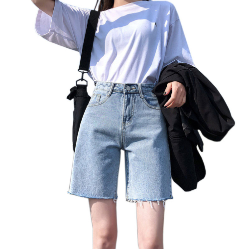 Raw edge denim shorts women's summer loose a-line wide-leg pants ripped straight five-point pants high waist slimming five-point pants