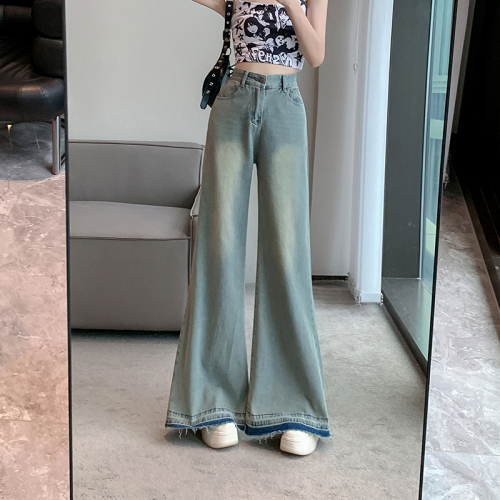Real shot real price retro blue straight wide-leg jeans women's high-waisted loose slimming old-fashioned floor-mopping trousers