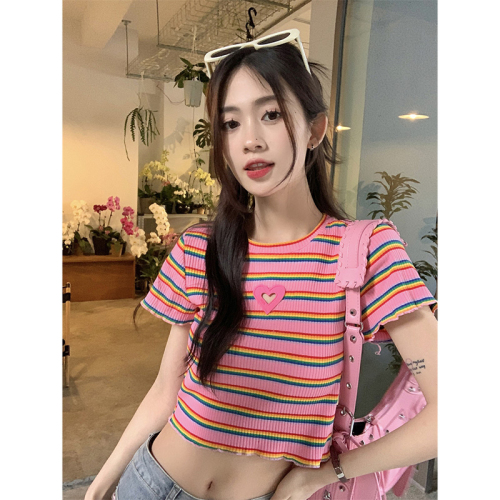 Real price official picture yarn-dyed pink stripe love short-sleeved t-shirt women's summer design sense slim-fit short top