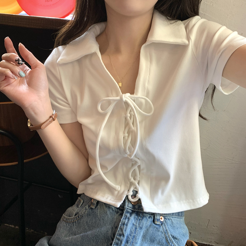 Official picture 6535 Minnie polo collar tie short-sleeved T-shirt women summer slim short top women