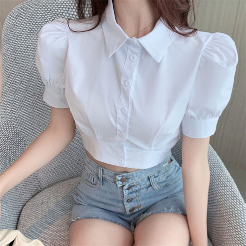 Shirt women's summer design sense niche short-sleeved bottoming shirt puff sleeves short shirt white short top women