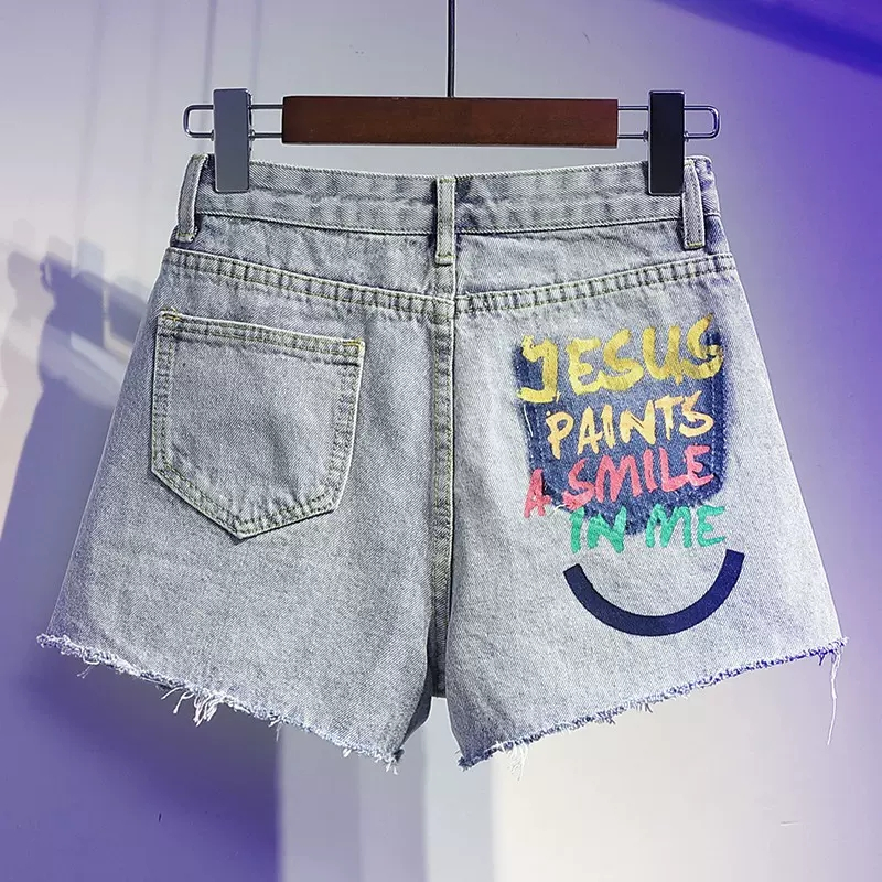 Tide brand graffiti print ripped denim shorts women's summer loose high waist thin a-line wide-leg hot pants