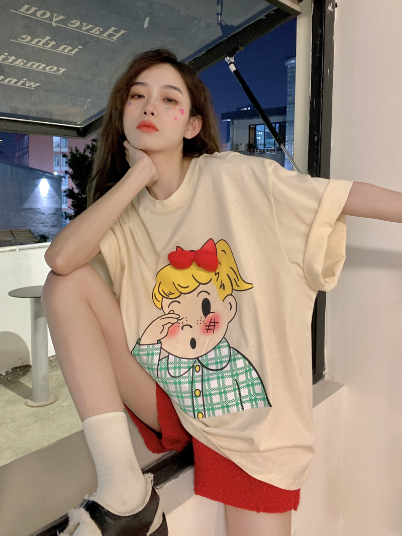 Real time special offer on cotton, summer loose fitting round neck top, new short sleeved t-shirt for women, printed with decorative bow