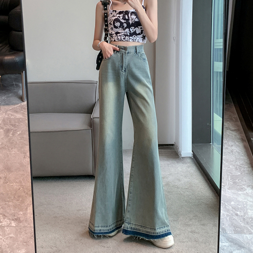 Real shot real price retro blue straight wide-leg jeans women's high-waisted loose slimming old-fashioned floor-mopping trousers