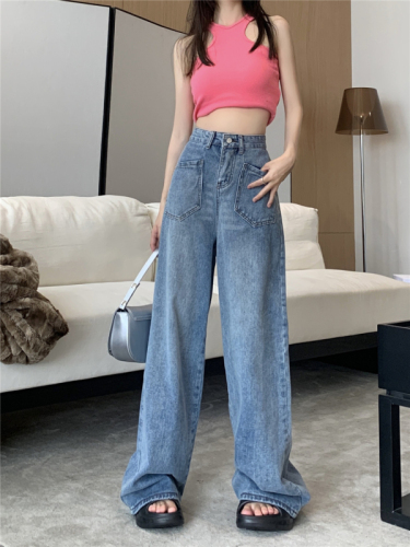 Real shot plus size women's high-waisted wide-leg jeans women's thin drape retro straight trousers spring and autumn