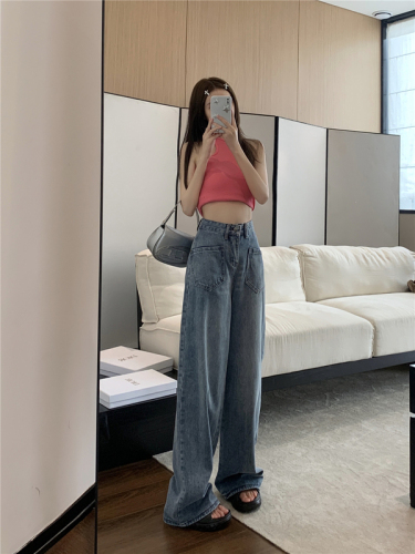 Real shot plus size women's high-waisted wide-leg jeans women's thin drape retro straight trousers spring and autumn