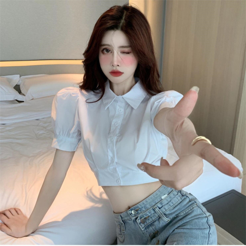 Shirt women's summer design sense niche short-sleeved bottoming shirt puff sleeves short shirt white short top women