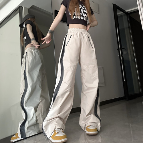 Real shot#American style high street zipper splicing pants female 2023 summer new loose design sense straight casual pants