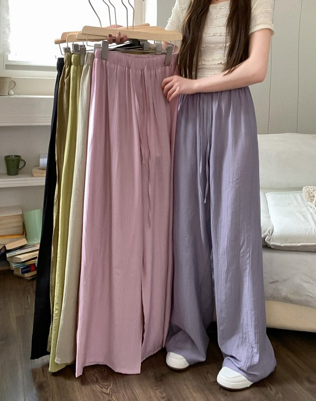 Hong Kong style drape casual pants women's summer elastic waist drawstring straight-leg pants loose black wide-leg pants mopping wide-leg pants