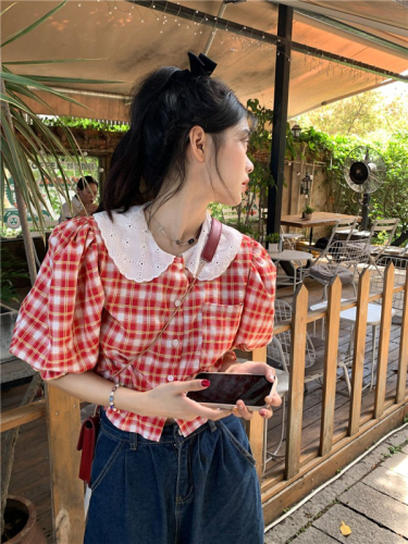 Doll collar plaid shirt women's spring  new short-sleeved casual short all-match top