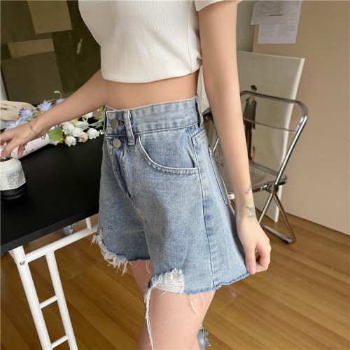 Real shot spring and summer denim shorts women's loose ripped ultra-shorts loose A-line wide-leg hot pants