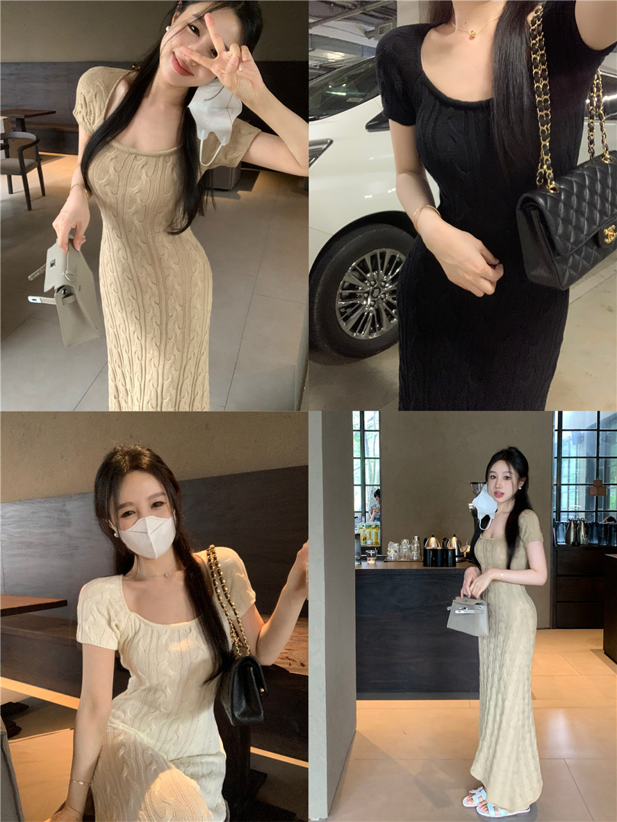 Real shot Pure desire short-sleeved knitted dress summer sexy square collar slim fit hip skirt
