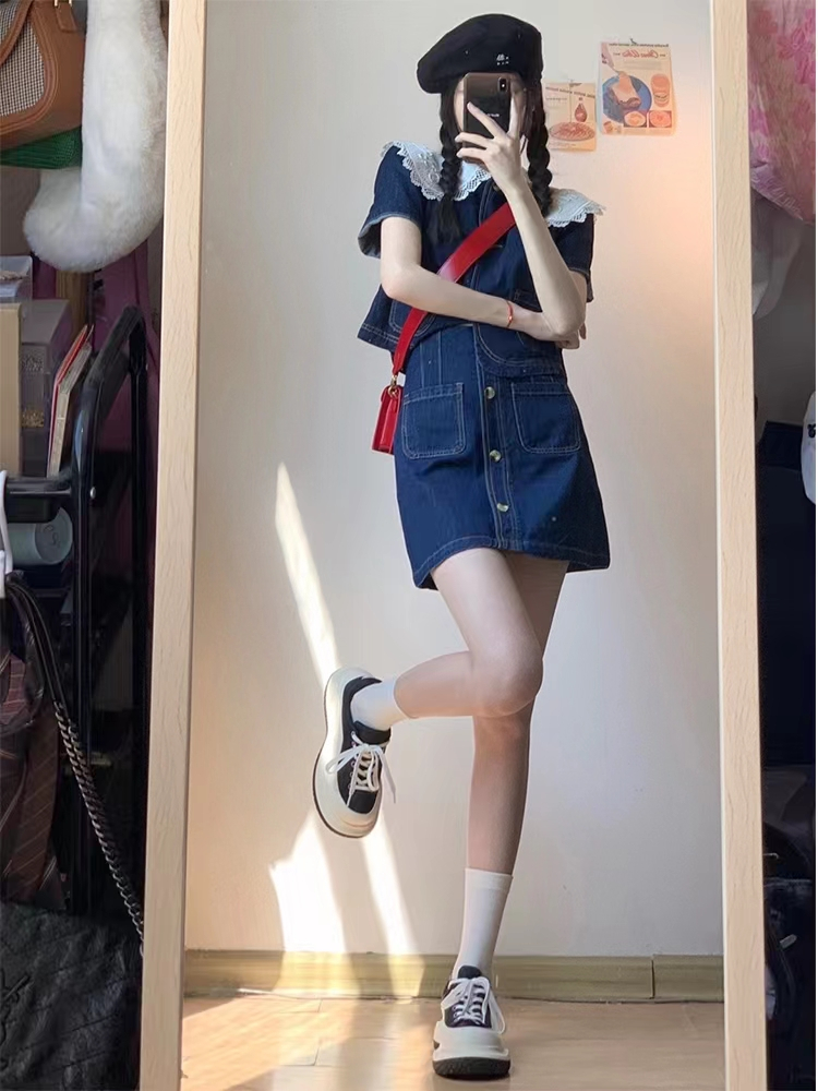 Small doll collar short top women's summer 2023 new denim suit fashion temperament skirt two-piece set