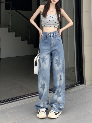 Real shot five-pointed star print retro straight jeans loose aunt casual all-match high waist wide-leg pants