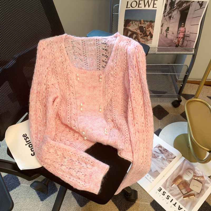 Real shooting square collar hollow knitted sweater women's 2023 spring new design sense niche tops age-reducing foreign style chic sweater