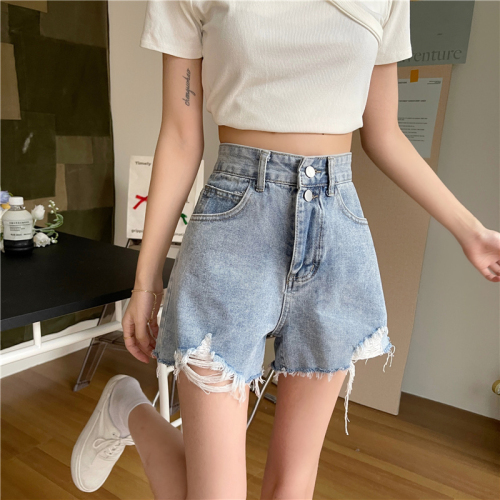 Real shot spring and summer denim shorts women's loose ripped ultra-shorts loose A-line wide-leg hot pants