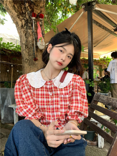 Doll collar plaid shirt women's spring  new short-sleeved casual short all-match top