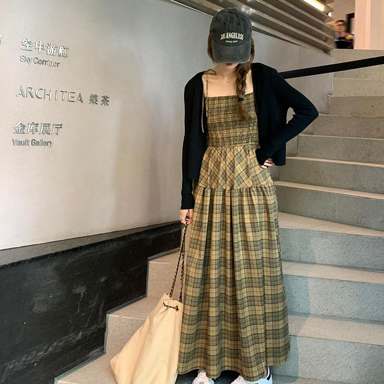 French retro plaid sling dress high waist slimming pocket design small tube top dress cardigan suit