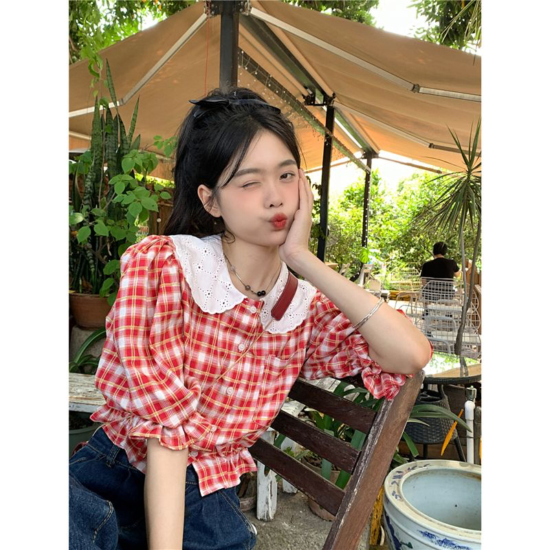Doll collar plaid shirt women's spring 2023 new short-sleeved casual short all-match top