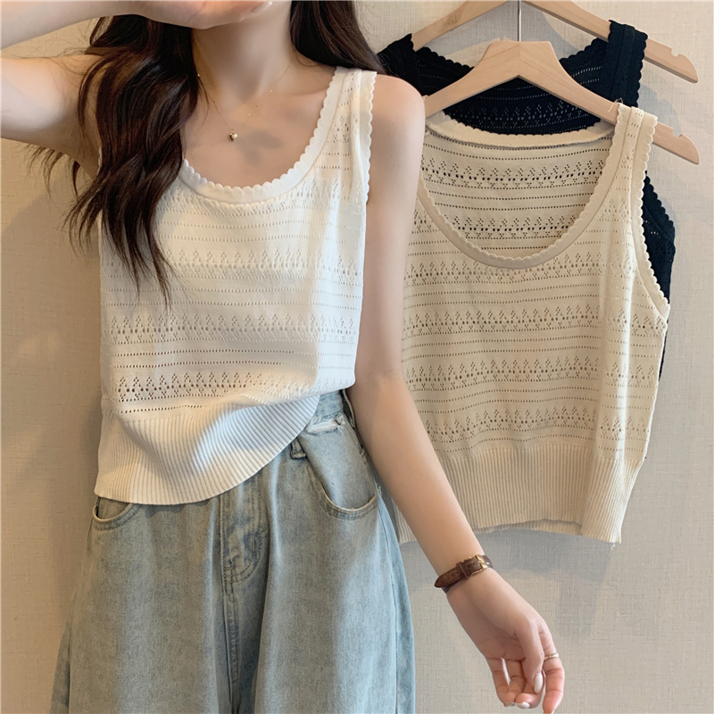 Super fire hollow knitting French chic small vest outerwear women's summer net red sleeveless design sense short top