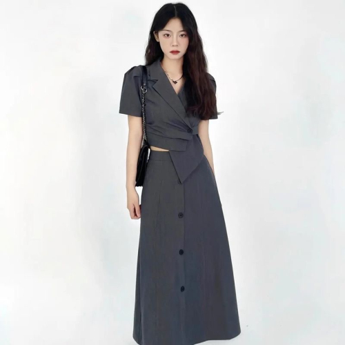 Cotton Beauty World Gray Fashion Suit Women Summer Age Reduction Design Suit Top + A-line Skirt Two-Piece Set Women