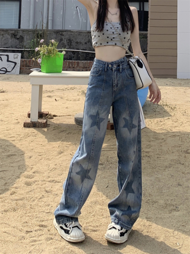 Real shot five-pointed star print retro straight jeans loose aunt casual all-match high waist wide-leg pants