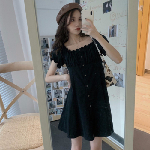  new Korean version of the French style square collar slim waist dress female temperament one-shoulder A-line short skirt