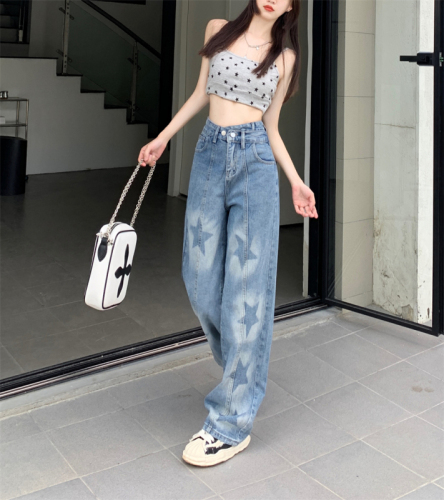 Real shot five-pointed star print retro straight jeans loose aunt casual all-match high waist wide-leg pants