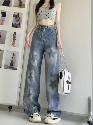 Real shot five-pointed star print retro straight jeans loose aunt casual all-match high waist wide-leg pants