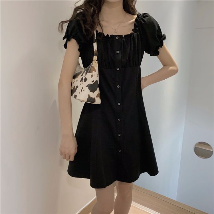 2023 new Korean version of the French style square collar slim waist dress female temperament one-shoulder A-line short skirt