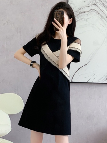 Mid-length loose thin irregular dress female  summer Korean version new design short-sleeved T-shirt skirt