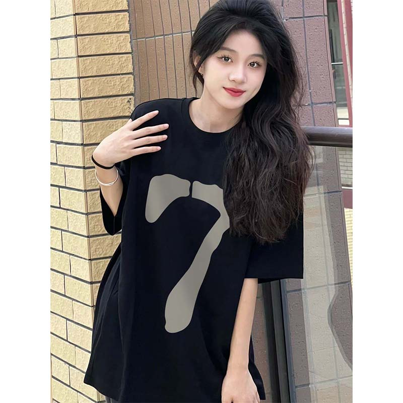 Douyin explosive style dropped shoulders loose version 200g combed cotton back hemming short-sleeved T-shirt printed style