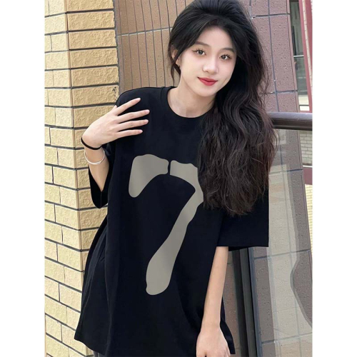 Douyin explosive style dropped shoulders loose version 200g combed cotton back hemming short-sleeved T-shirt printed style