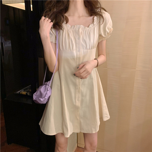  new Korean version of the French style square collar slim waist dress female temperament one-shoulder A-line short skirt