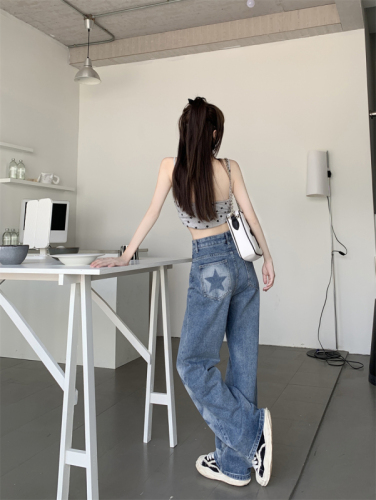 Real shot five-pointed star print retro straight jeans loose aunt casual all-match high waist wide-leg pants