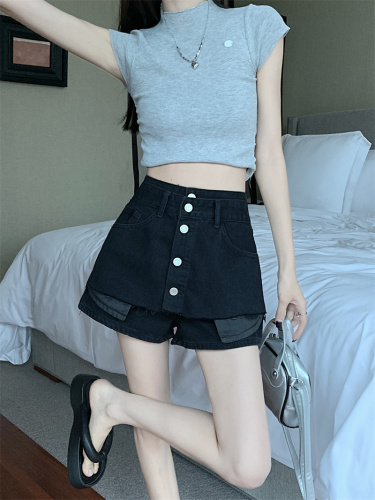 Real shot summer denim short skirt female high waist culottes hot girl tooling anti-light hakama small short pants