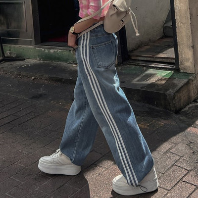 Trendy Drawstring Panel Adjustable Waist Rope Vintage Jeans