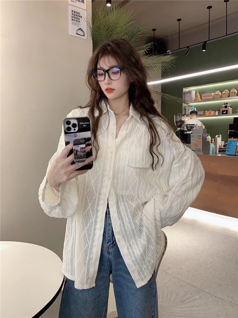 Fabric Casual crochet hollow shirt design sense niche women's clothing slimming white shirt top solid color