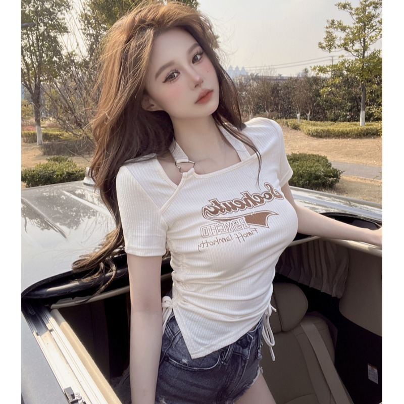 Spice girl hanging neck unique chic top design sense niche female irregular drawstring short-sleeved t-shirt summer