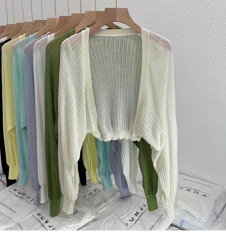 Knitted Cardigan Small Coat Women's Autumn Thin Section Loose Outer Air Conditioning Sunscreen Blouse Vest Shoulder Lantern Sleeve Short Top