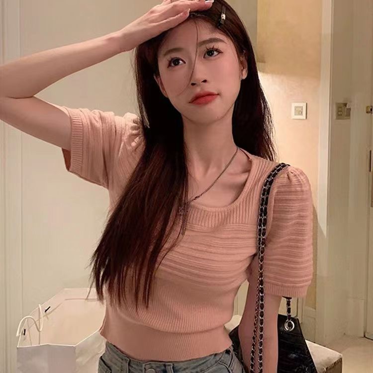 Spring Korean style French temperament square collar puff sleeve short knitwear short-sleeved women's top