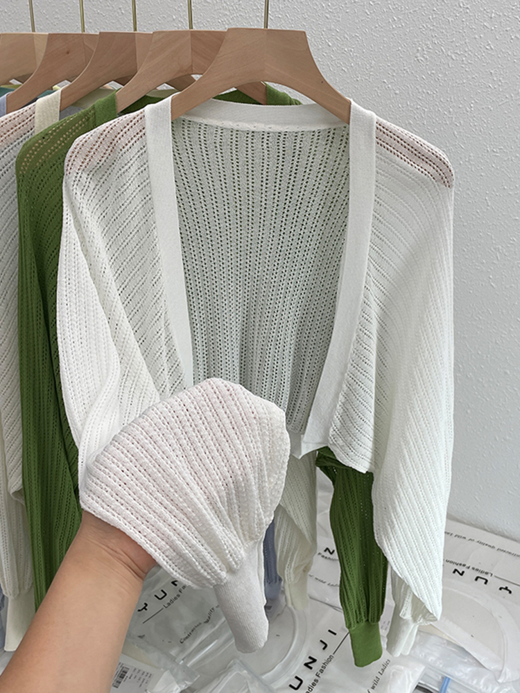 Knitted cardigan small jacket women's summer thin section loose air-conditioning sunscreen blouse vest shoulder lantern sleeve short top